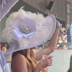 White fashion / derby hat with rhinestones and feathers. ONLY WORN ONCE!